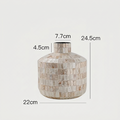Coastal shell mosaic vase dimensions graphic on white background