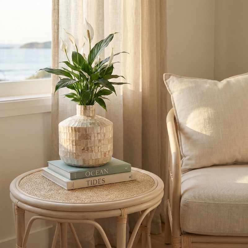 Coastal shell mosaic vase on side table beside armchair