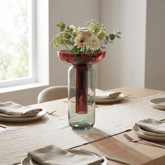 Colorblock glass vase with flowers on dining table