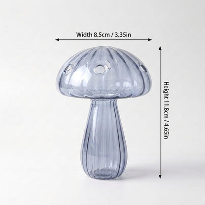 Studio product shot of the Blue glass mushroom vase on a white background with dimension callouts: width 8.5cm / 3.35in, height 11.8cm / 4.65in