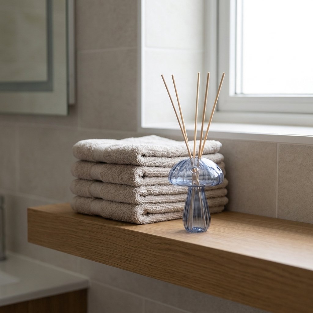 Blue glass mushroom vase used as a reed diffuser holder on a bathroom shelf next to folded towels and a window