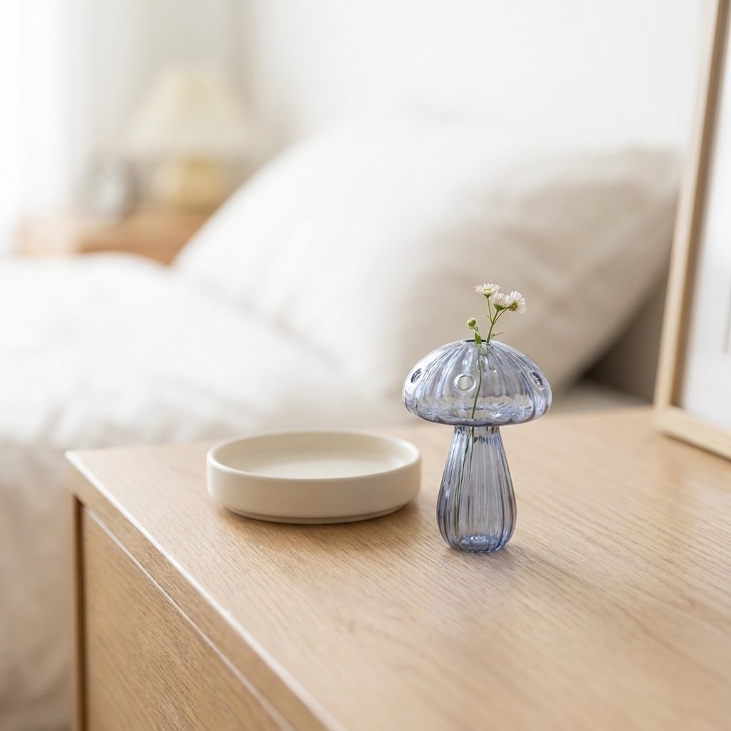 Blue glass mushroom vase holding small white daisies on a bedside table with a mirror and bed pillows blurred behind it