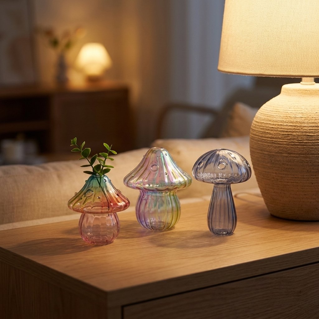 Three mushroom-shaped glass vases (Coral, Rainbow, and Blue) lined up on a wooden nightstand next to a lit table lamp, with a sofa blurred in the background