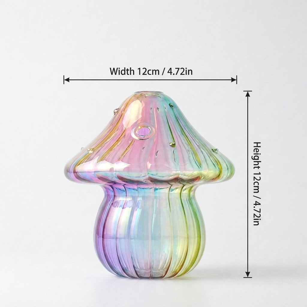 Studio product shot of the Rainbow iridescent glass mushroom vase on a white background with dimension callouts: width 12cm / 4.72in, height 12cm / 4.72in