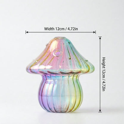 Studio product shot of the Rainbow iridescent glass mushroom vase on a white background with dimension callouts: width 12cm / 4.72in, height 12cm / 4.72in