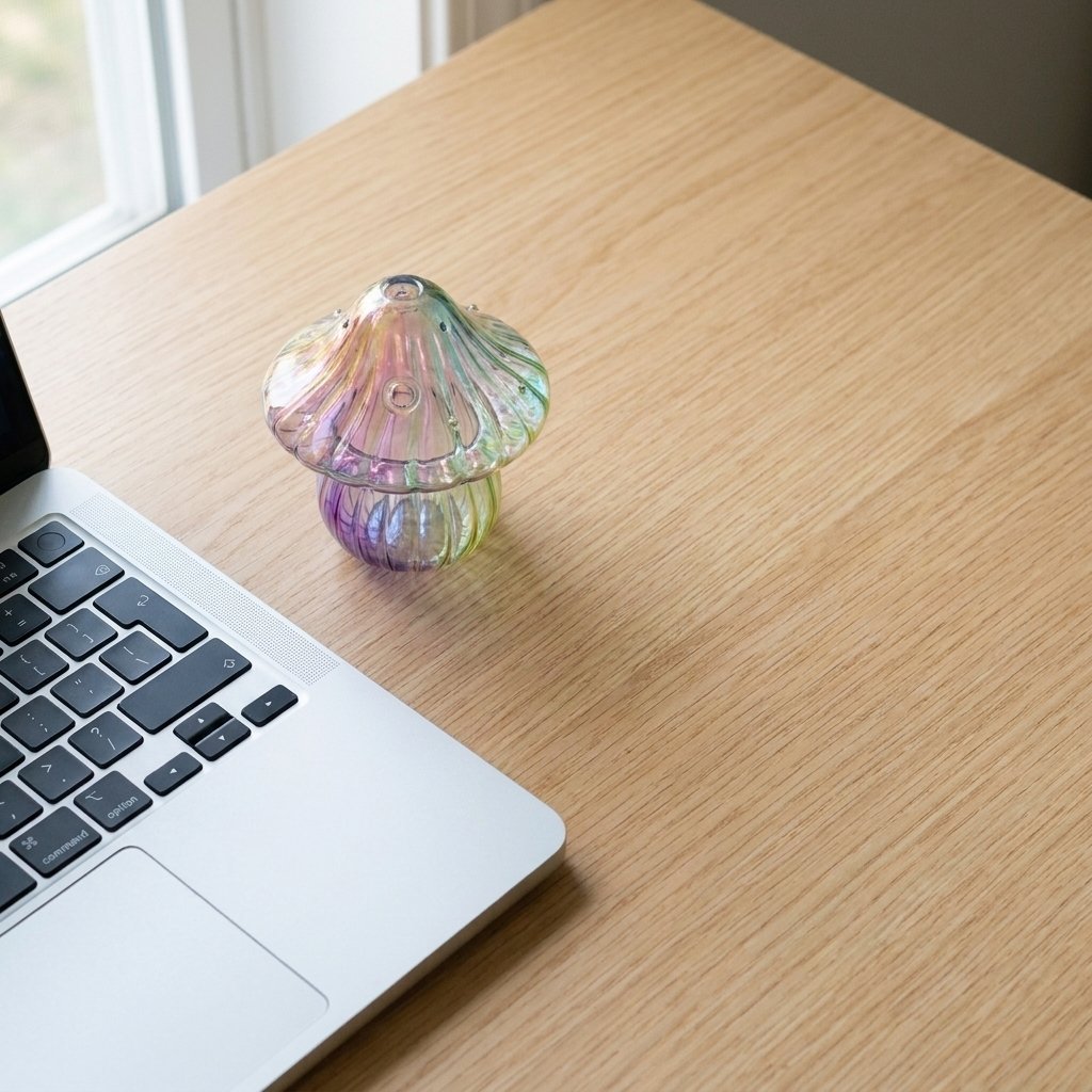 Empty Rainbow iridescent glass mushroom vase on a wooden desk beside the corner of a laptop