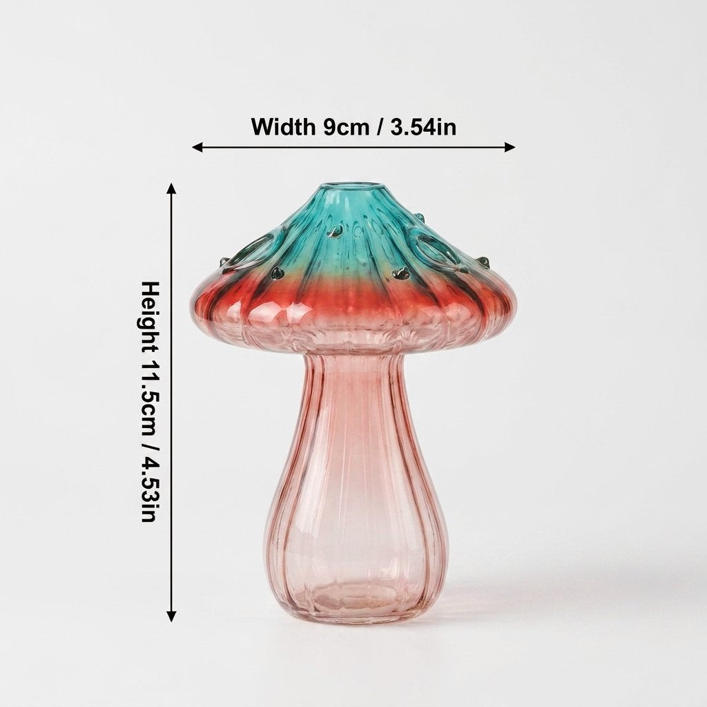 Studio product shot of the Coral glass mushroom vase on a white background with dimension callouts: width 9cm / 3.54in, height 11.5cm / 4.53in