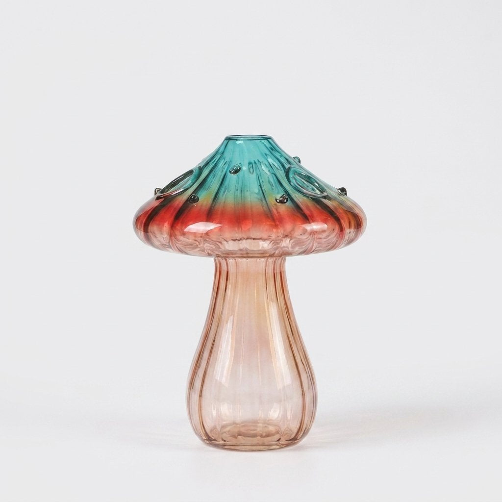 Empty Coral glass mushroom vase on a plain white studio background