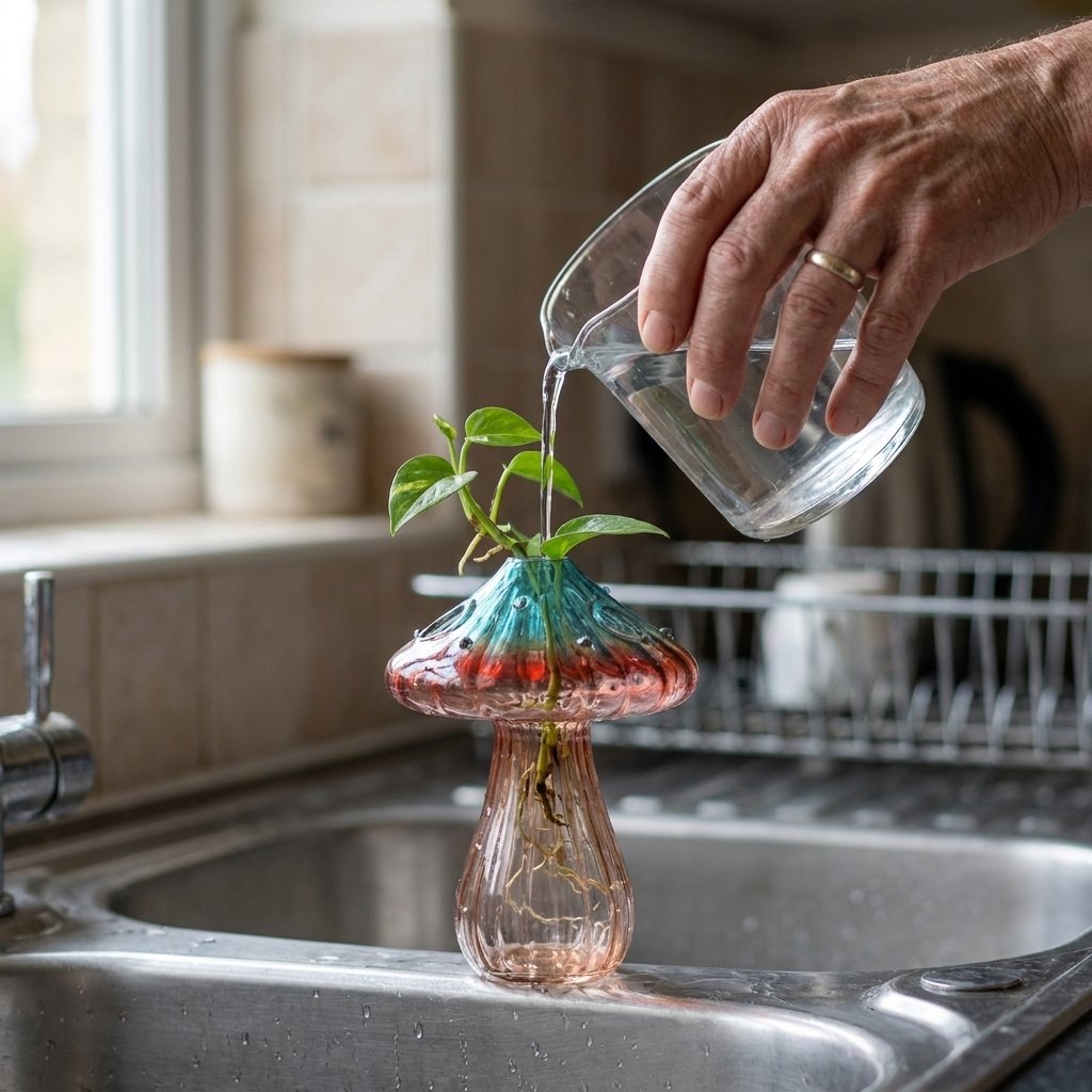 Coral glass mushroom vase holding a trailing pothos plant in a kitchen sink, with a hand pouring water into it from a glass