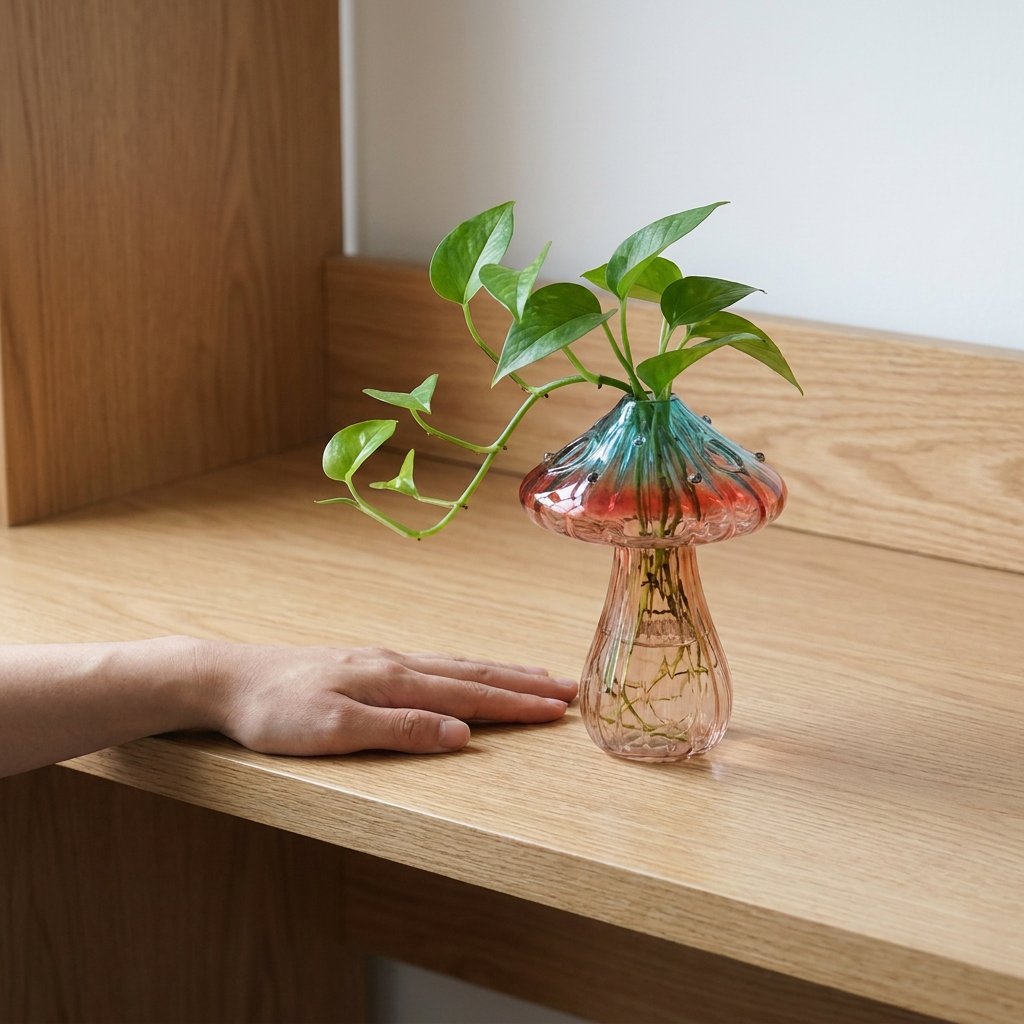 Coral glass mushroom vase with a trailing pothos plant on a wooden shelf, with a hand resting on the shelf beside it