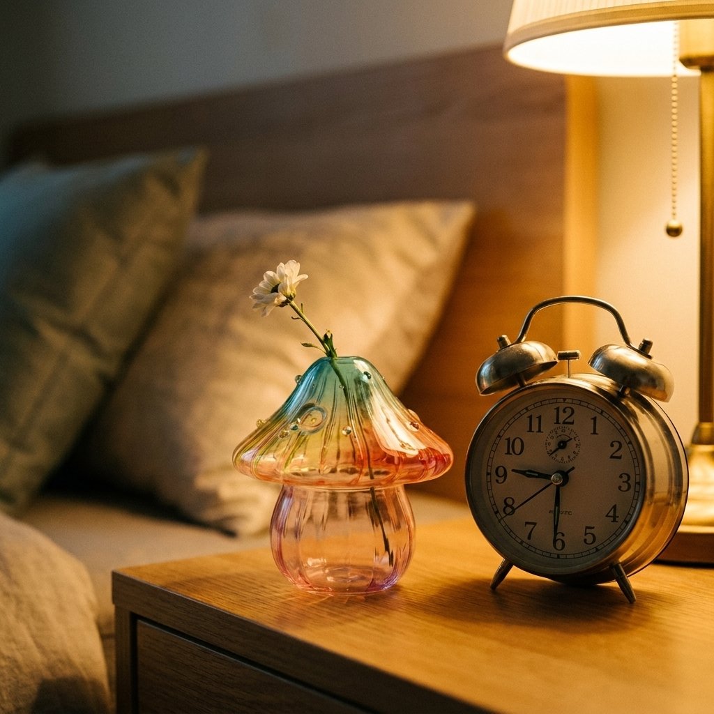 Coral glass mushroom vase with a single small white flower on a bedside table next to a vintage twin-bell alarm clock and lamp