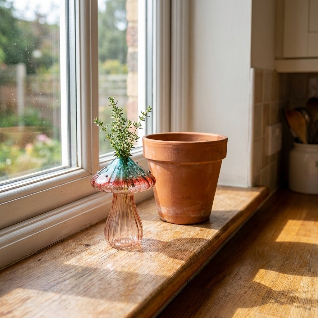 Coral glass mushroom vase with a small sprig of greenery on a wooden windowsill beside a terracotta plant pot, garden visible through the window