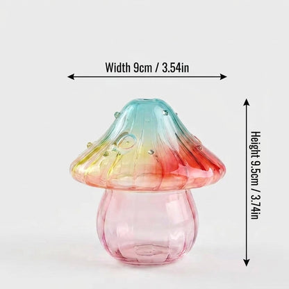 Studio product shot of the Sunset glass mushroom vase on a white background with dimension callouts: width 9cm / 3.54in, height 9.5cm / 3.74in