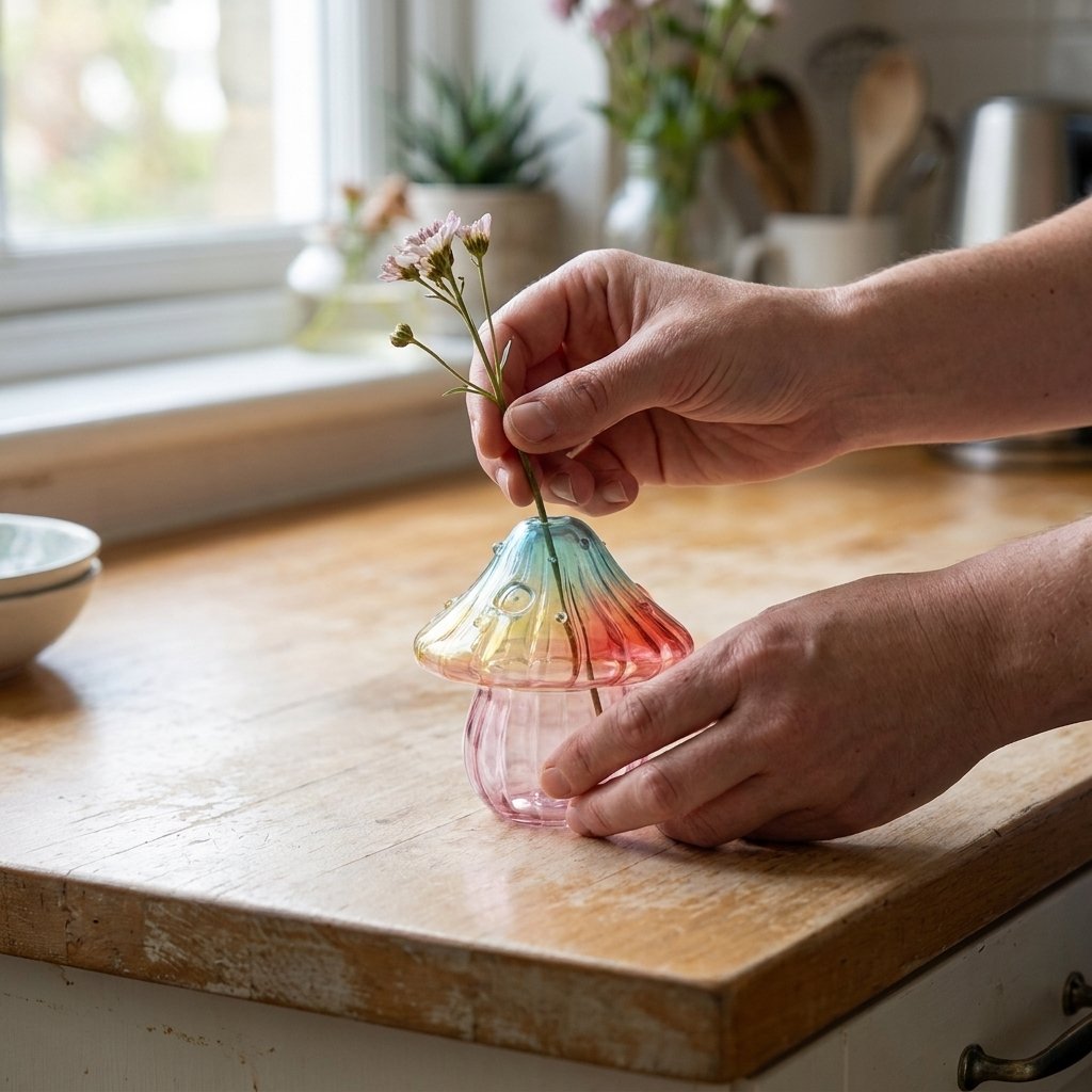 A hand placing a pink flower stem into a Sunset glass mushroom vase on a rustic wooden kitchen counter, with a small bowl and kitchen plants in the background