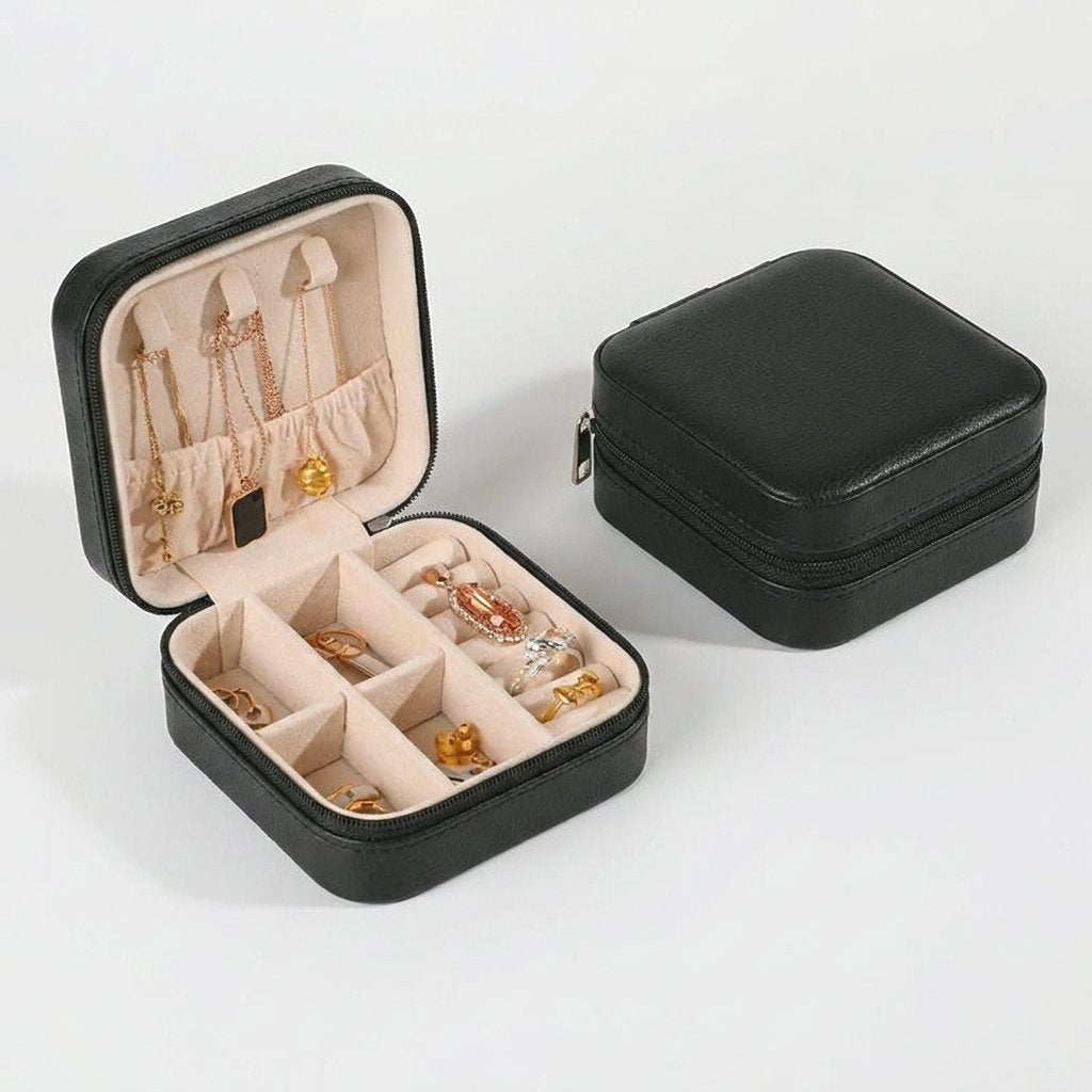Black jewelry organizer case product photo on a white background