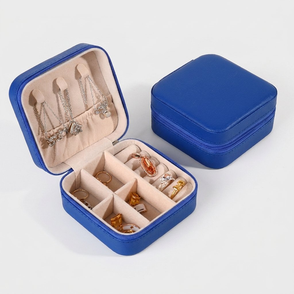 Blue jewelry organizer case product photo on a white background