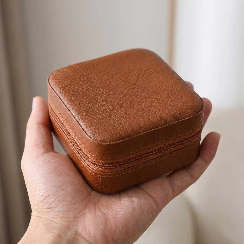 Brown jewelry organizer case held in a hand