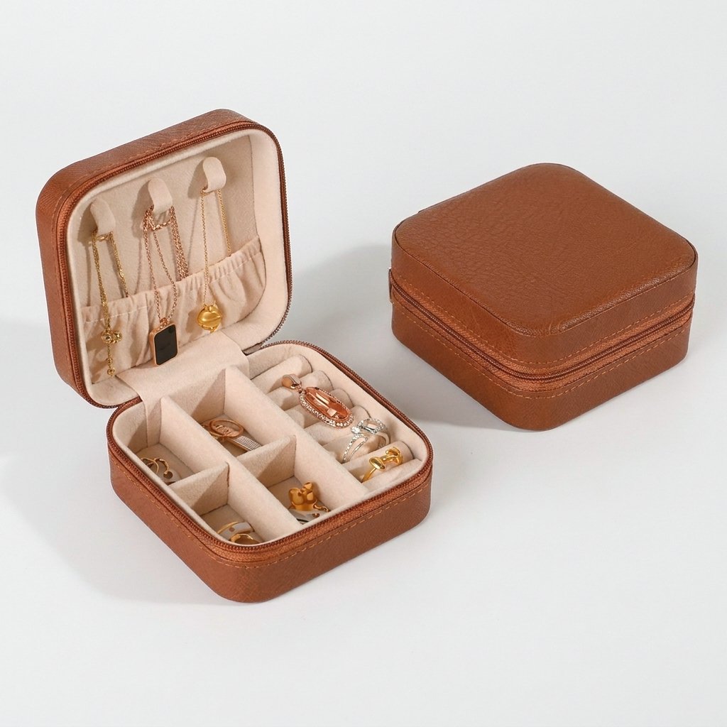 Brown jewelry organizer case product photo on a white background