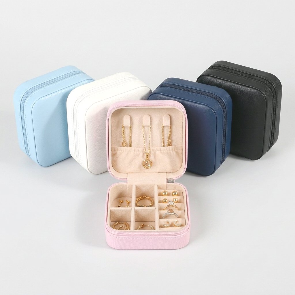 Open pink jewelry case with necklaces and rings in front of closed sky blue, white, navy, and black cases