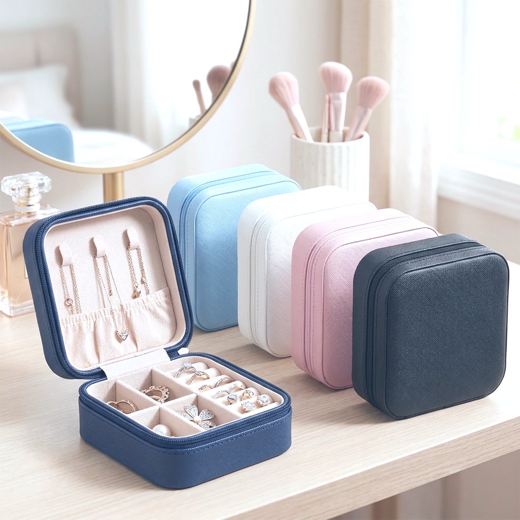 Open navy jewelry case with necklaces, earrings, and rings beside four closed cases in other colors on a vanity table