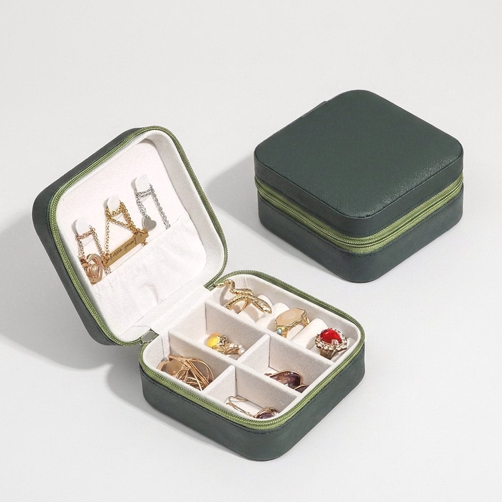 Forest green jewelry organizer case product photo on a white background