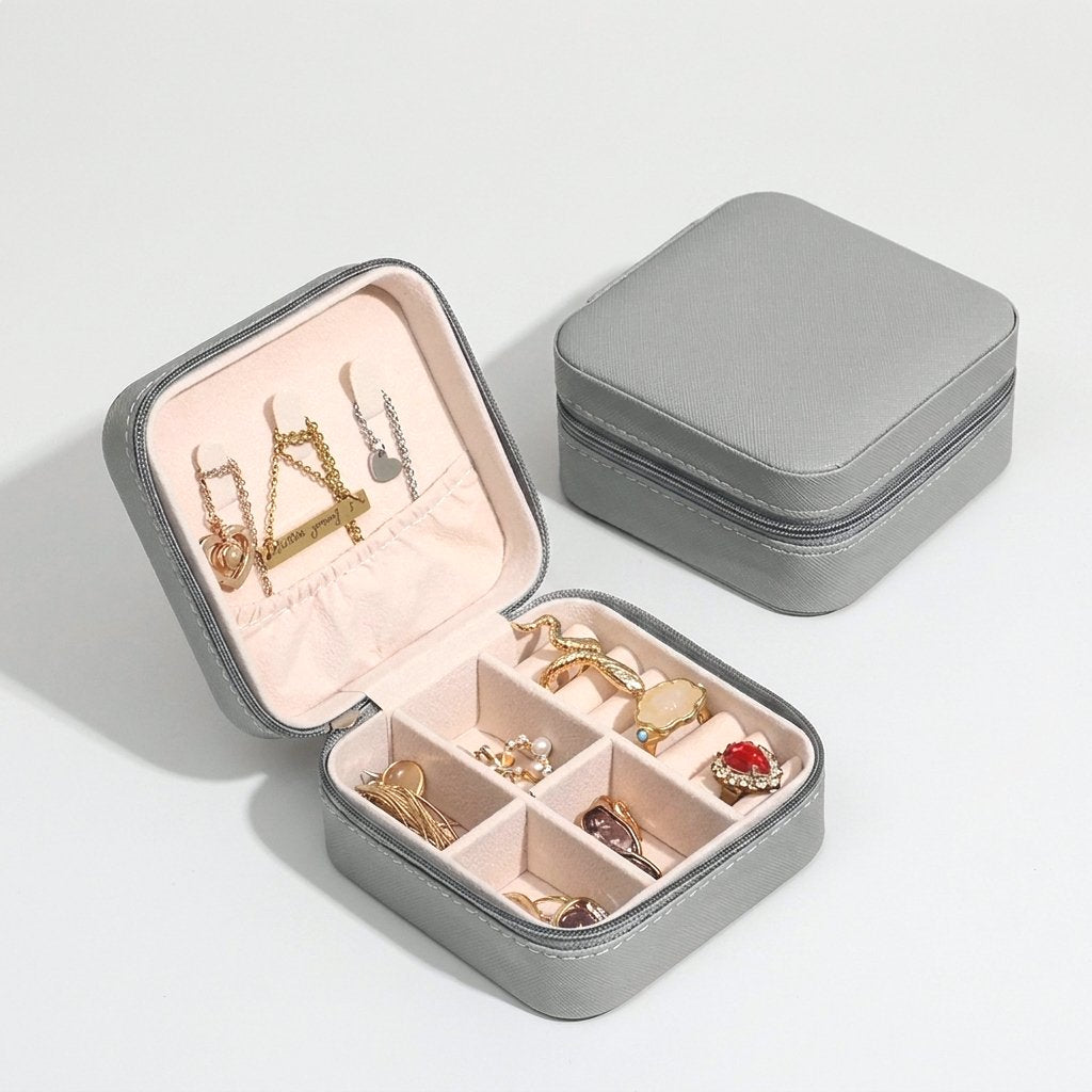 Grey jewelry organizer case product photo on a white background