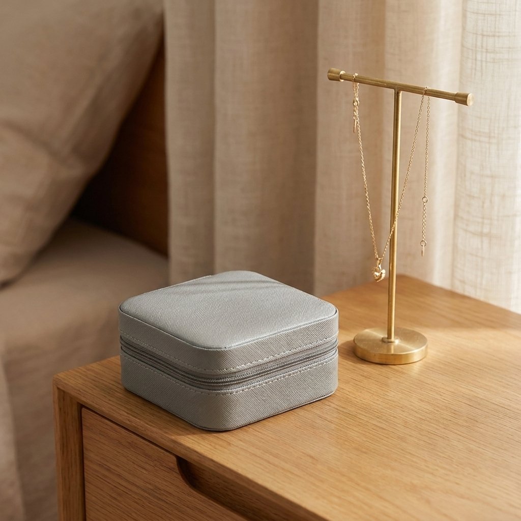 Grey jewelry organizer case on a wood nightstand beside a jewelry stand with gold necklaces