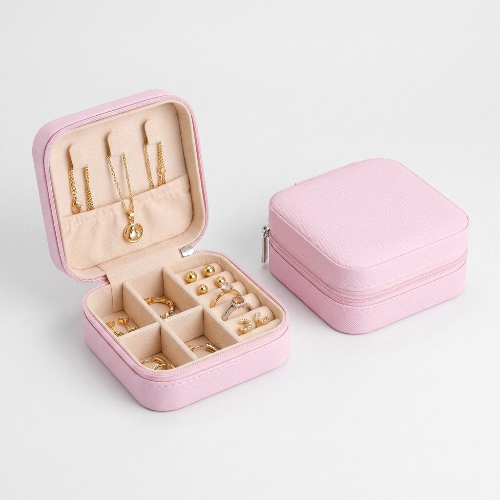 Light pink jewelry organizer case product photo on a white background