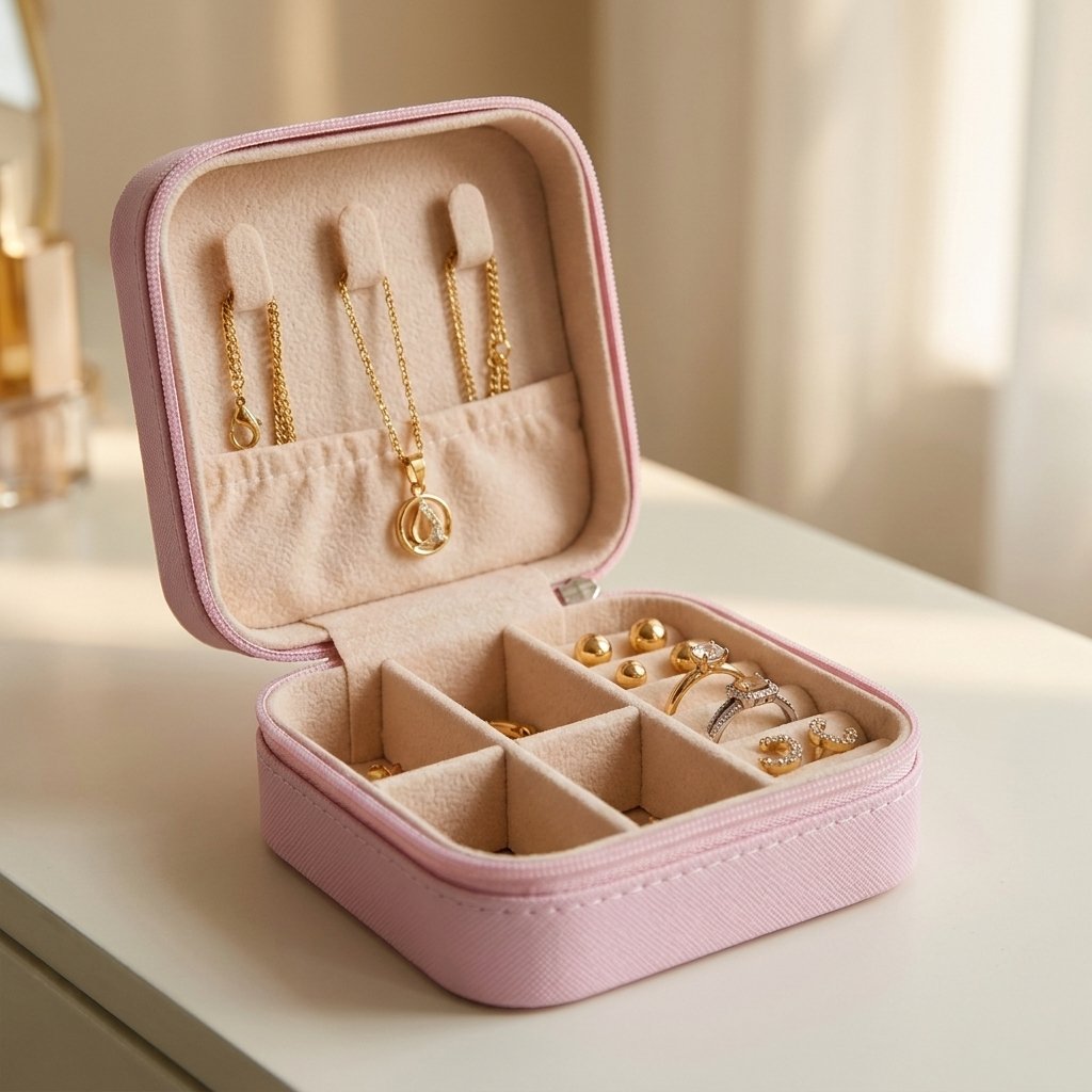 Open light pink jewelry case in sunlight on a vanity showing necklaces, rings, and earrings