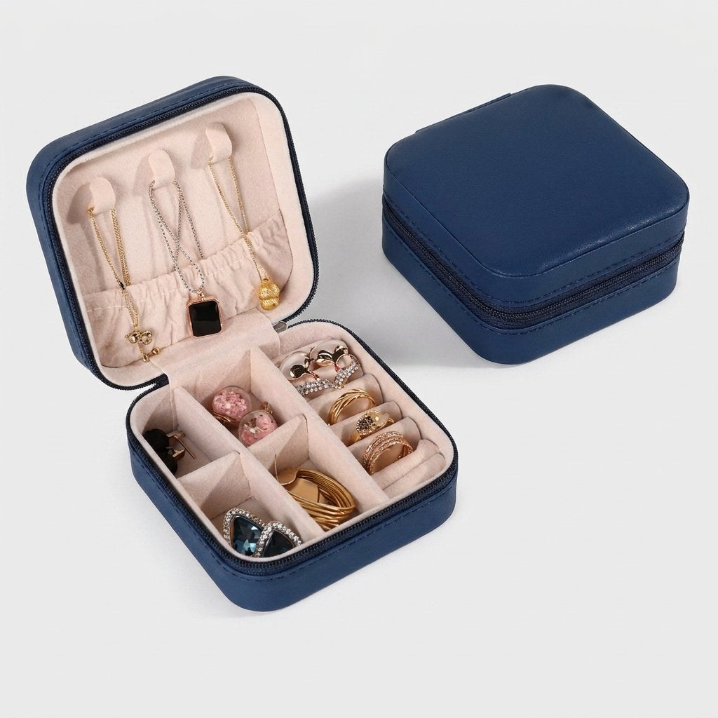 Navy jewelry organizer case product photo on a white background