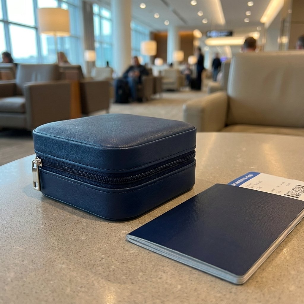Navy jewelry organizer case on an airport lounge table beside a passport and boarding pass