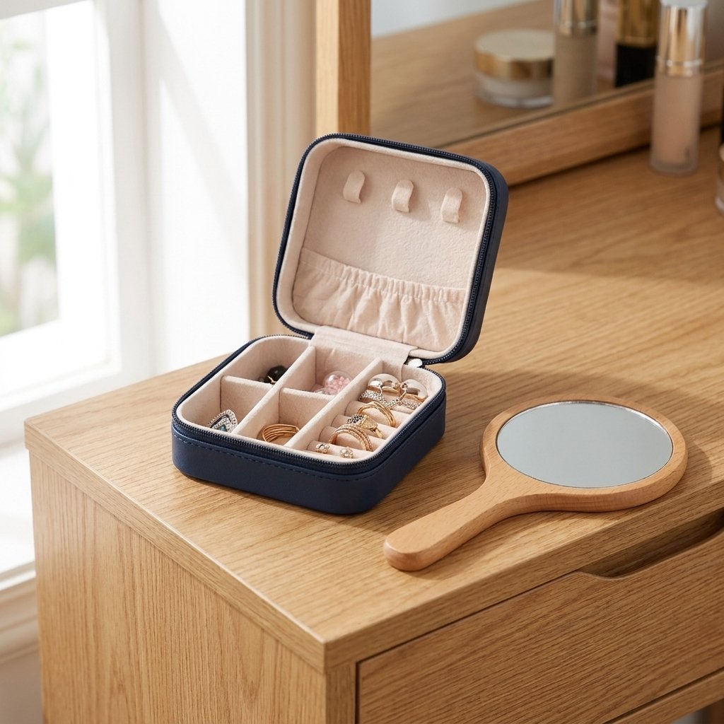 Open navy jewelry case on a wood vanity beside a hand mirror, showing rings in its compartments