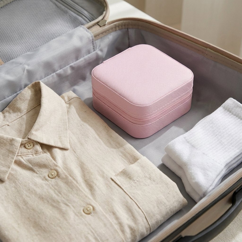 Peony pink jewelry organizer case packed inside an open suitcase beside folded clothing