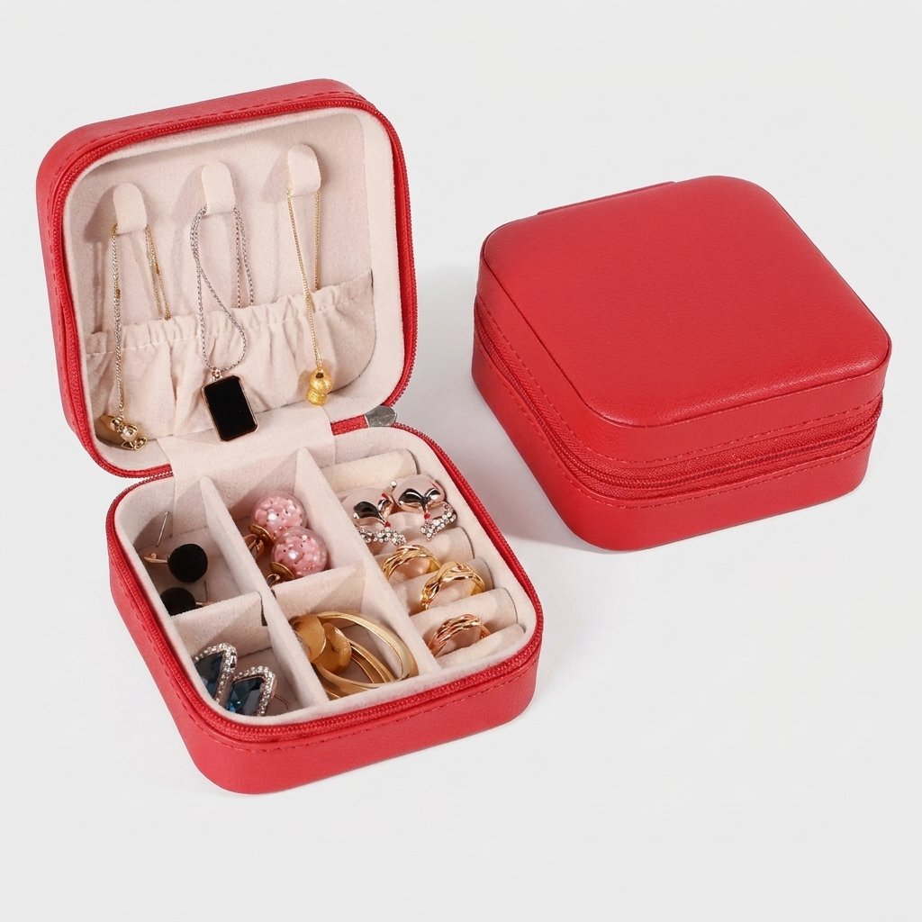 Red jewelry organizer case product photo on a white background