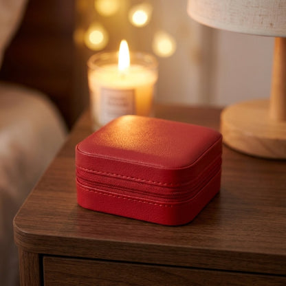 Red jewelry organizer case on a wood nightstand beside a lit candle and string lights