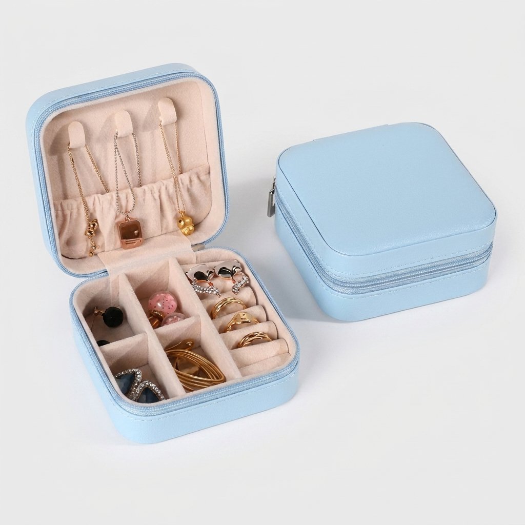 Sky blue jewelry organizer case product photo on a white background