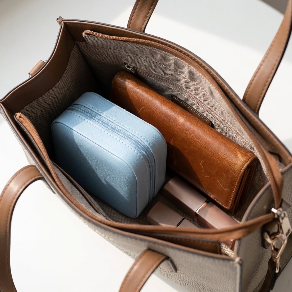 Sky blue jewelry organizer case tucked inside an open handbag beside a wallet
