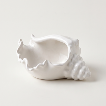White ceramic conch shell storage vessel, glossy sculptural jewelry and trinket dish, Kiyo Home