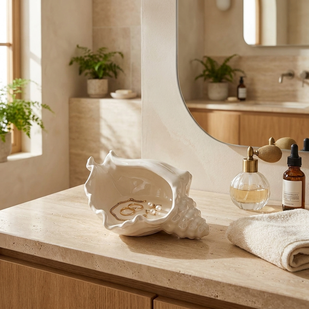 White ceramic conch shell vessel on a coastal bathroom vanity holding jewelry, Kiyo Home
