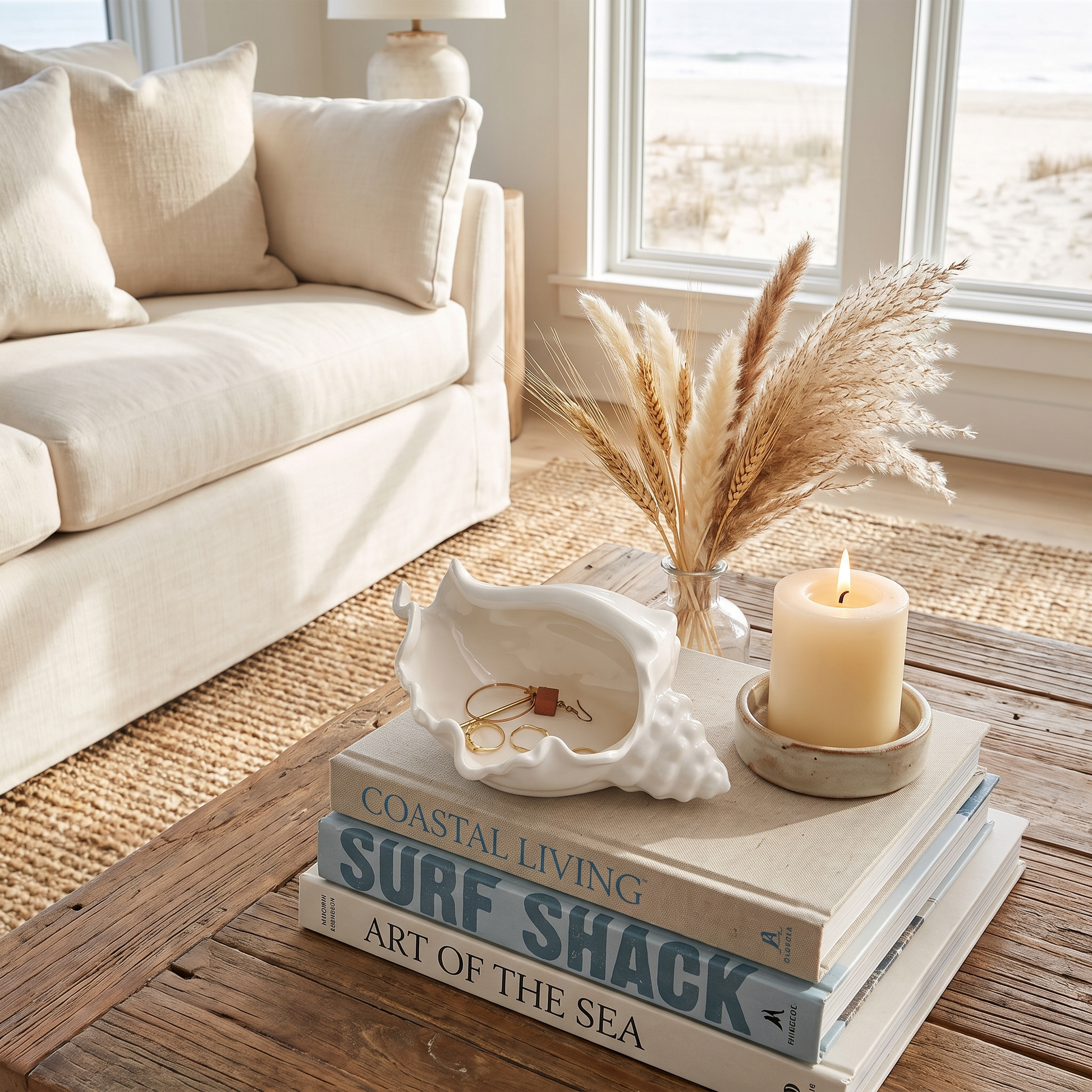 White ceramic conch shell vessel styled as coastal decor on a coffee-table book stack, Kiyo Home