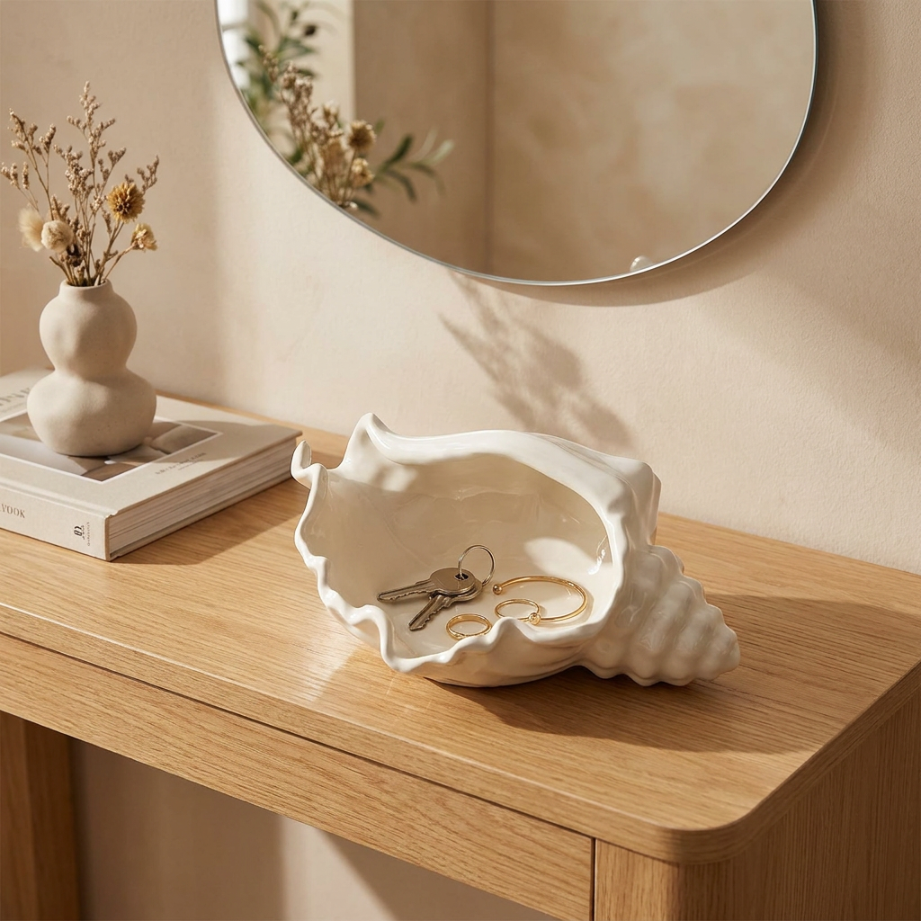 White ceramic conch shell vessel on a console table by a mirror holding keys, Kiyo Home