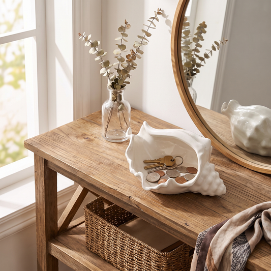 White ceramic conch shell vessel on an entryway console holding keys and coins, Kiyo Home