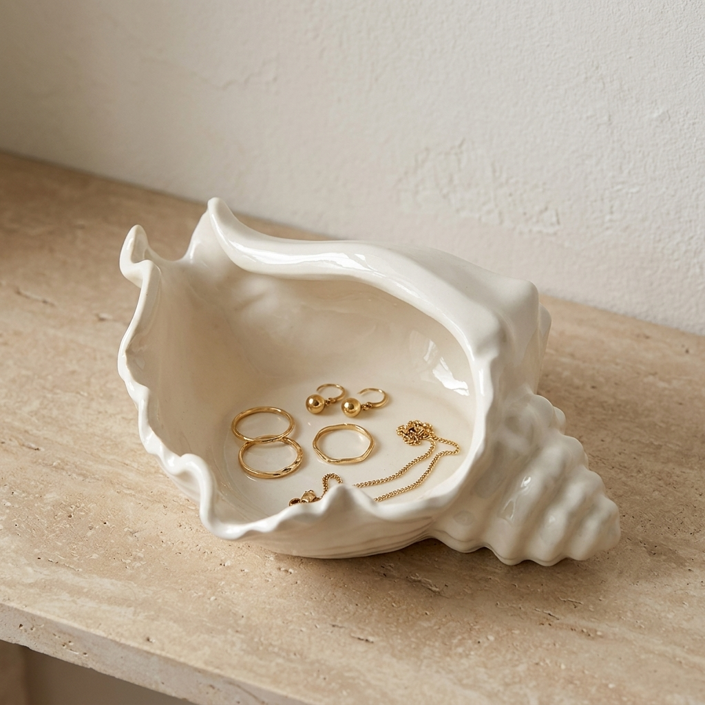 White ceramic conch shell vessel holding gold rings and earrings as a jewelry dish, Kiyo Home