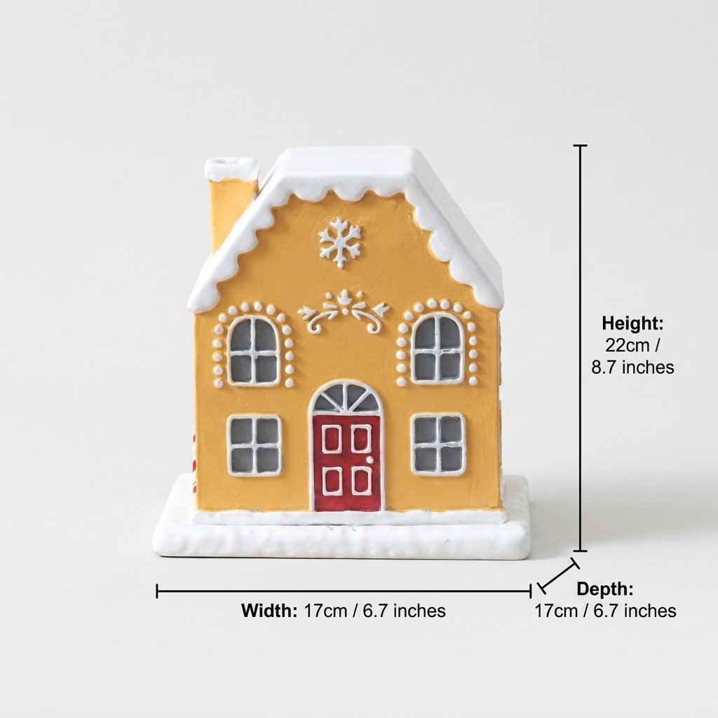 Gingerbread-style cottage incense burner on a plain background with measurements marked: height 8.7 inches, width 6.7 inches, depth 6.7 inches