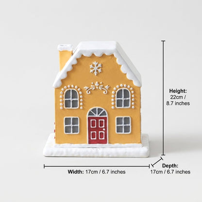 Gingerbread-style cottage incense burner on a plain background with measurements marked: height 8.7 inches, width 6.7 inches, depth 6.7 inches
