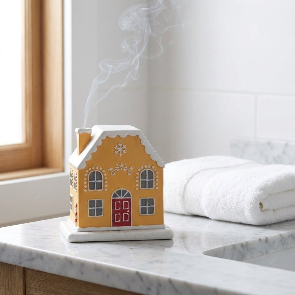 Gingerbread-style cottage incense burner with smoke rising from the chimney, on a marble bathroom counter beside a folded white towel