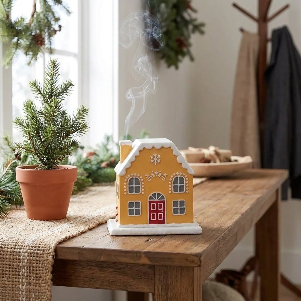 Yellow gingerbread-style cottage incense burner with smoke rising from the chimney, on a dark wood console table in an entryway with a potted pine tree and pinecone wreath
