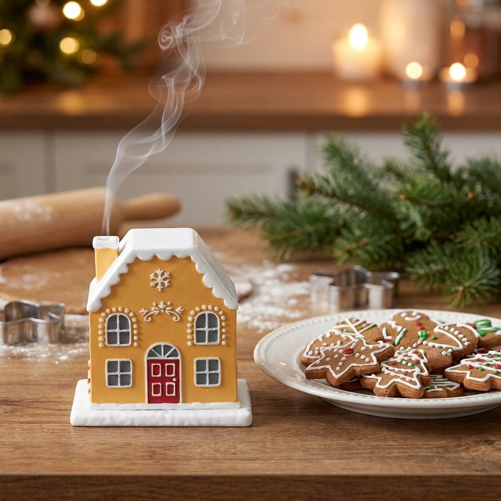 Gingerbread-style cottage incense burner with smoke rising from the chimney, on a flour-dusted kitchen counter beside a rolling pin and decorated holiday cookies