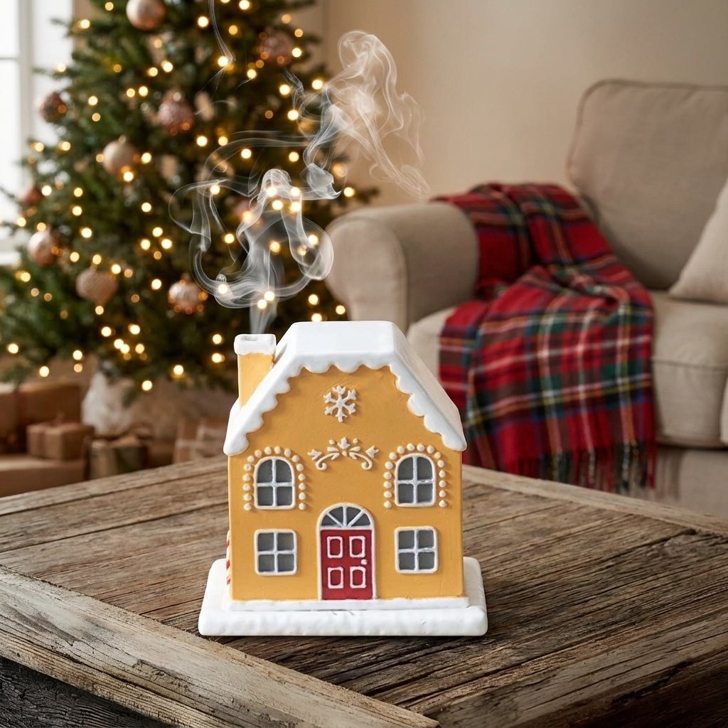 Gingerbread-style cottage incense burner with smoke rising from the chimney, on a coffee table in front of a lit, decorated Christmas tree