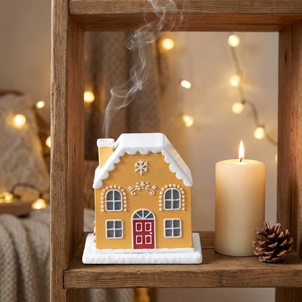 Gingerbread-style cottage incense burner with smoke rising from the chimney, on a styled shelf beside a lit pillar candle and warm string lights